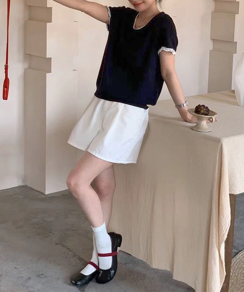 BANICO（バニコ）の「ラウンドネックシンプル半袖ニットトップス (SS)（ニット/セーター・レディース・ネイビー/グレー/ライトベージュ/ピンク/ブルー・FREE）」の10枚目の写真