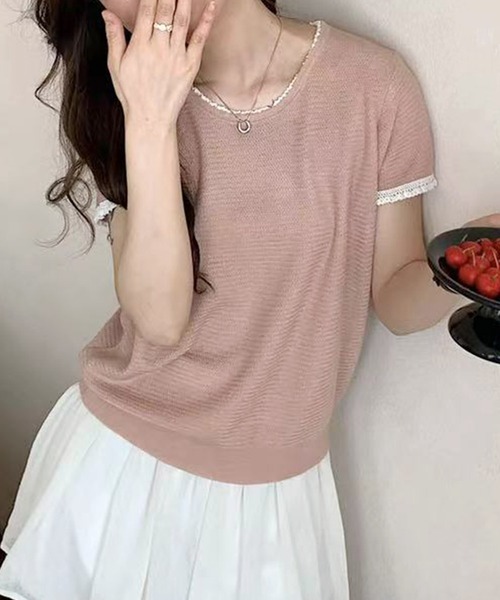 BANICO（バニコ）の「ラウンドネックシンプル半袖ニットトップス (SS)（ニット/セーター・レディース・ネイビー/グレー/ライトベージュ/ピンク/ブルー・FREE）」の18枚目の写真