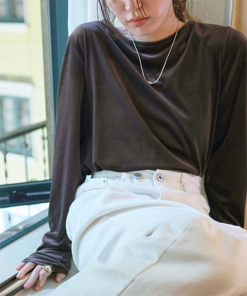 titivate（ティティベイト）の「シアーベロアロングTシャツ（Tシャツ/カットソー・レディース・ピンク/ブラウン/ネイビー/アイボリー/グレイッシュベージュ/ブラック・L/M/S）」の4枚目の写真