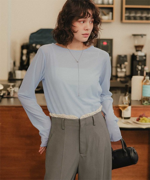 titivate(ティティベイト)の「シアーベロアロングTシャツ(Tシャツ/カットソー・レディース・ピンク/ブラウン/ネイビー/アイボリー/グレイッシュベージュ/ブラック/ブラック系その他/ライトブルー/ドット・L/M/S)」の7枚目の写真