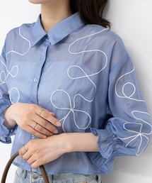 コード刺繍 シアー素材 キャンディスリーブ ブラウス