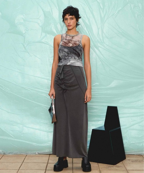MAISON SPECIAL(メゾンスペシャル)の「Ruffled Draped Maxi Skirt/フリルドレープマキシスカート■セットアップ対応■(スカート・レディース・ライトグレー/チャコールグレー/ピンク・36/38)」の6枚目の写真