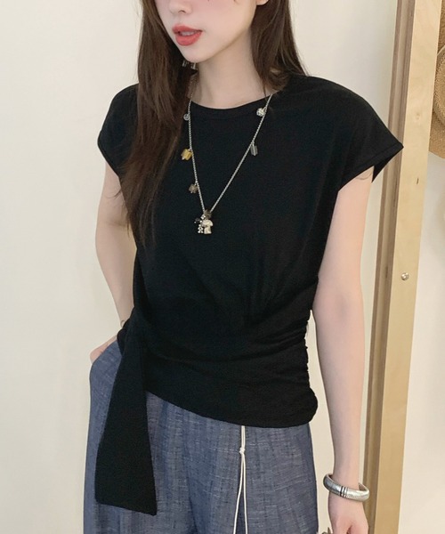 L LABEL（エルラベル）の「ウエスト切替サイドリボンTシャツ（Tシャツ/カットソー・レディース・ホワイト/チャコールグレー/グレー/ブラック/ブルー・FREE）」の7枚目の写真