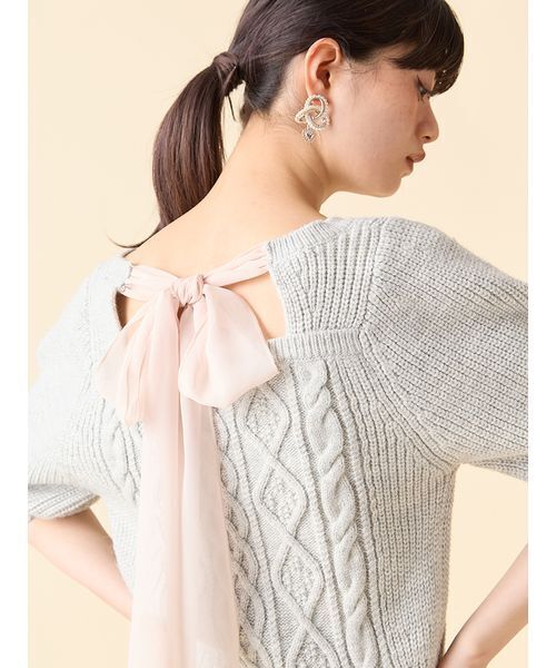 LILY BROWN（リリーブラウン）の「[L.B CANDY STOCK]シフォンリボンビジューニットトップス（ニット/セーター・レディース・グレー/イエロー/ホワイト/ブラック・F）」の3枚目の写真