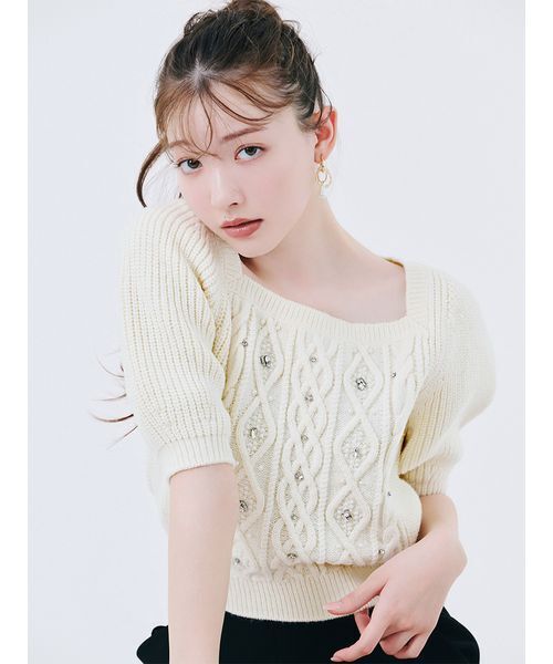 L.B CANDY STOCK]シフォンリボンビジューニットトップス（ニット