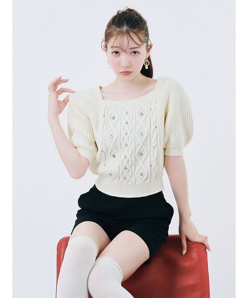 セール】[L.B CANDY STOCK]シフォンリボンビジューニットトップス