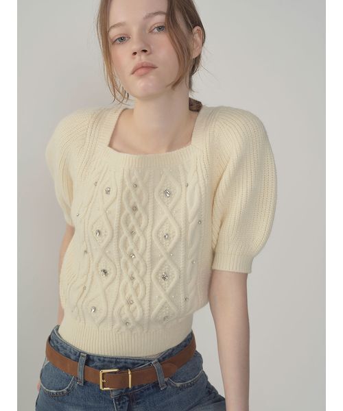 LILY BROWN（リリーブラウン）の「[L.B CANDY STOCK]シフォンリボンビジューニットトップス（ニット/セーター・レディース・グレー/イエロー/ホワイト/ブラック・F）」の8枚目の写真