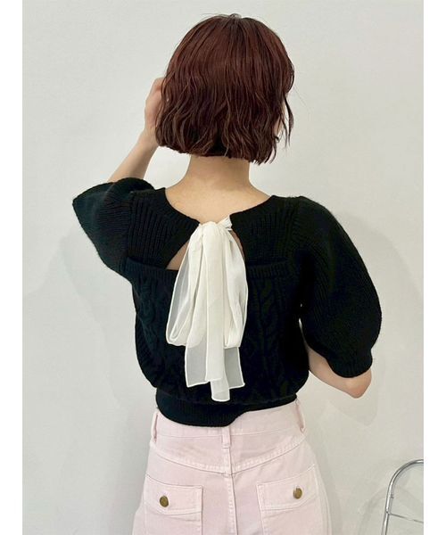 セール】[L.B CANDY STOCK]シフォンリボンビジューニットトップス