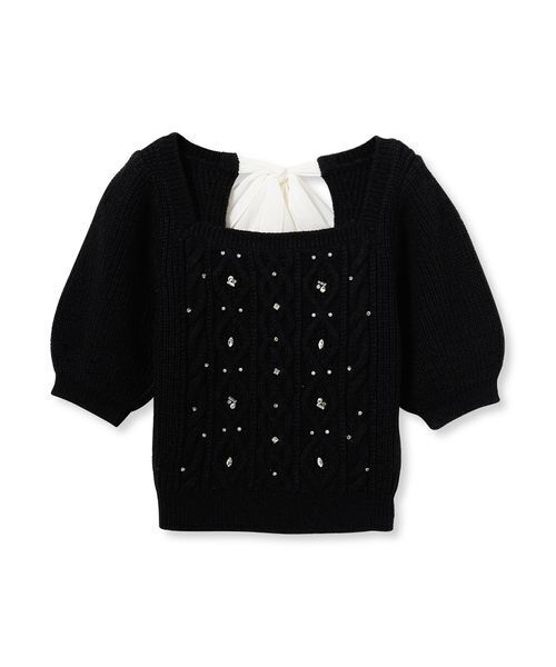 新品タグ付　リボンビジューニット　紺　LILY BROWN セール】[L.B CANDY STOCK]シフォンリボンビジューニットトップス