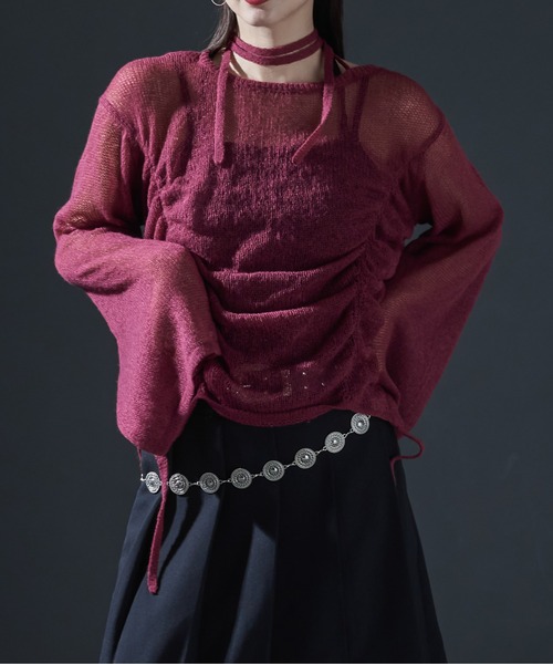 Ellno de Mavie(エルノデメヴィ)の「コードネックシャーリングシアーニット(ニット/セーター・レディース・ブラック/ボルドー・FREE)」の2枚目の写真