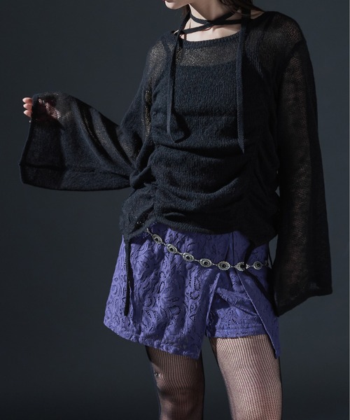 Ellno de Mavie(エルノデメヴィ)の「コードネックシャーリングシアーニット(ニット/セーター・レディース・ブラック/ボルドー・FREE)」の1枚目の写真