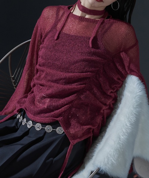 Ellno de Mavie(エルノデメヴィ)の「コードネックシャーリングシアーニット(ニット/セーター・レディース・ブラック/ボルドー・FREE)」の12枚目の写真