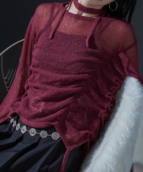 Ellno de Mavie(エルノデメヴィ)の「コードネックシャーリングシアーニット(ニット/セーター・レディース・ブラック/ボルドー・FREE)」の13枚目の写真