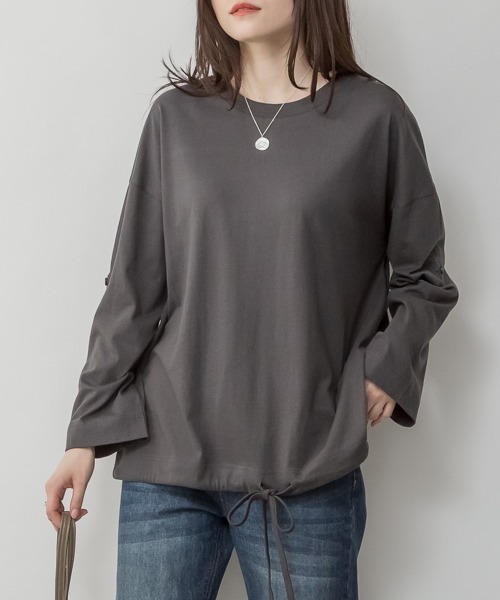 RCD(アールシーディー)の「長袖裾バルーン2wayカットソー(Tシャツ/カットソー・レディース・ブラック/カーキ/チャコールグレー/グレイッシュベージュ/オフホワイト・M-L/4L~5L/LL~3L)」の1枚目の写真