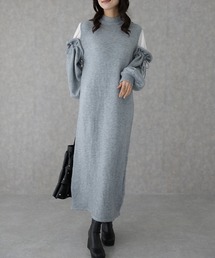 異素材 配色 リボン ロング ニット ワンピース