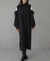 異素材 配色 リボン ロング ニット ワンピース