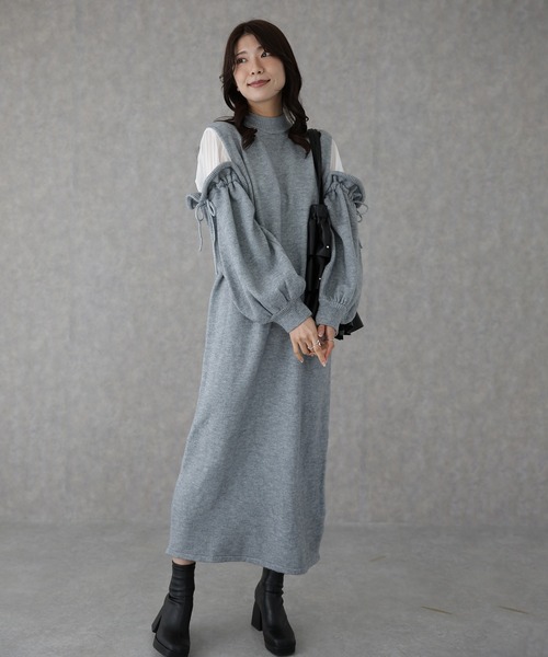Lace Ladies(レースレディース)の「異素材 配色 リボン ロング ニット ワンピース(ワンピース・レディース・グレー/モカ/ブラック・S/FREE)」の6枚目の写真