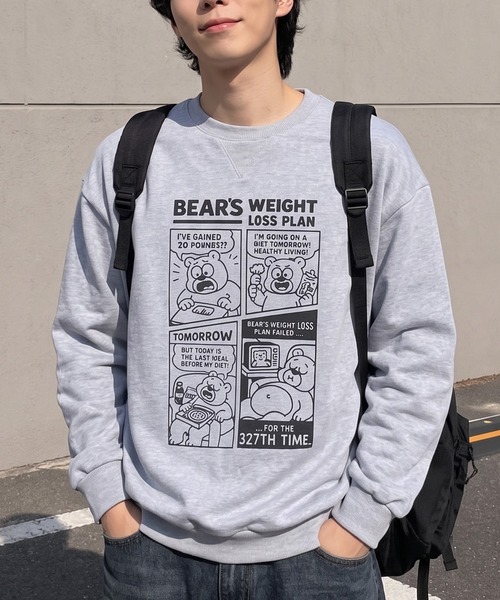 HOOK(フック)の「HOOK -original- 「BEAR’S WEIGHT LOSS PLAN」コミックプリント スウェット(スウェット・メンズ・ブラック/ホワイト/ライトグレー・MEDIUM/X-LARGE/LARGE)」の3枚目の写真