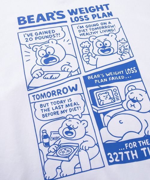 HOOK(フック)の「HOOK -original- 「BEAR’S WEIGHT LOSS PLAN」コミックプリント スウェット(スウェット・メンズ・ブラック/ホワイト/ライトグレー・MEDIUM/X-LARGE/LARGE)」の11枚目の写真