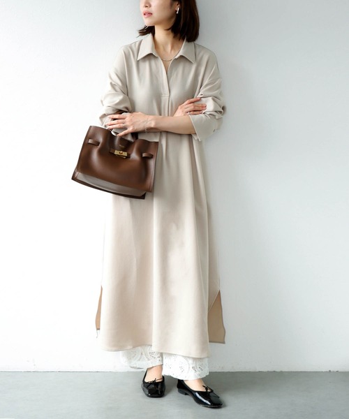 Jines(ジネス)の「メランジ2wayカルゼ万能ワンピース【WEB限定】(ワンピース・レディース・ベージュ/ネイビー・38)」の1枚目の写真