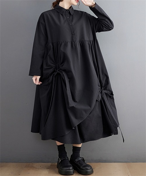 Dream garden(ドリームガーデン)の「切替ギャザーリボンアシンメトリーシャツワンピース(シャツワンピース・レディース・カーキ/ブラック・FREE)」の1枚目の写真