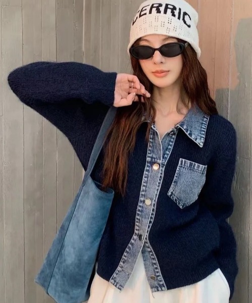 セール】デニム切り替えニットカーディガン／異素材ドッキング
