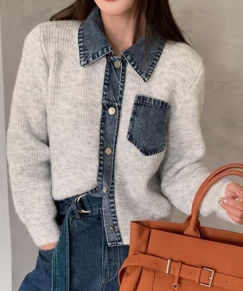 セール】デニム切り替えニットカーディガン／異素材ドッキングデザイン