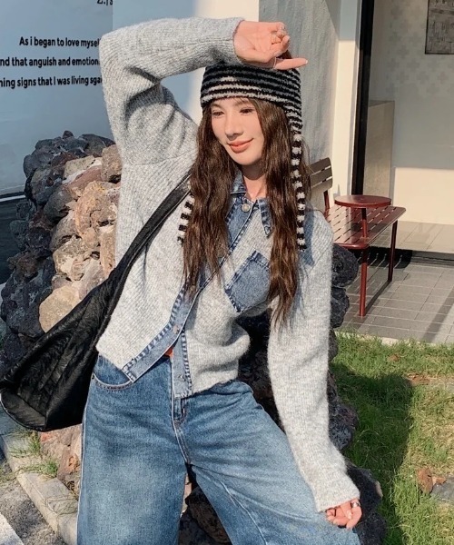 セール】デニム切り替えニットカーディガン／異素材ドッキングデザイン