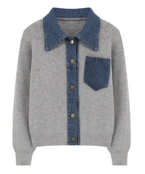 セール】デニム切り替えニットカーディガン／異素材ドッキングデザイン