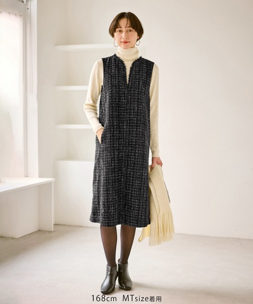ROPE' PICNIC(ロペピクニック)の「キーネックツイードジャンパースカート ワンピース/着丈が選べる(ジャンパースカート・レディース・ベージュ系その他/ブラック・M/TM)」の3枚目の写真
