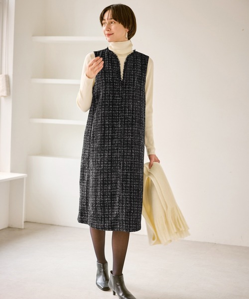 ROPE' PICNIC(ロペピクニック)の「キーネックツイードジャンパースカート ワンピース/着丈が選べる(ジャンパースカート・レディース・ベージュ系その他/ブラック・M/TM)」の5枚目の写真