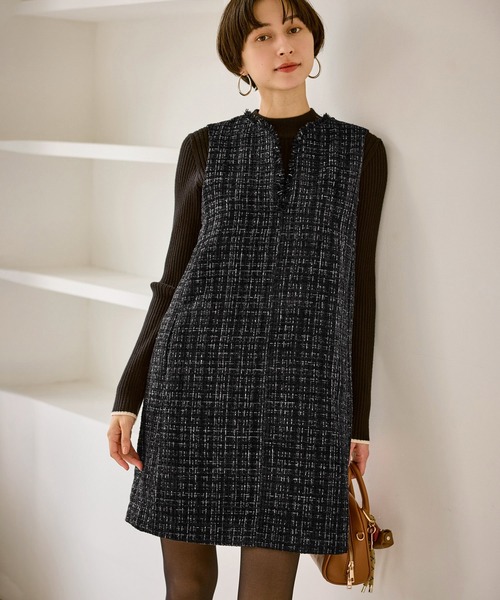 ROPE' PICNIC(ロペピクニック)の「キーネックツイードジャンパースカート ワンピース/着丈が選べる(ジャンパースカート・レディース・ベージュ系その他/ブラック・M/TM)」の9枚目の写真