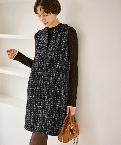 ROPE' PICNIC(ロペピクニック)の「キーネックツイードジャンパースカート ワンピース/着丈が選べる(ジャンパースカート・レディース・ベージュ系その他/ブラック・M/TM)」の11枚目の写真