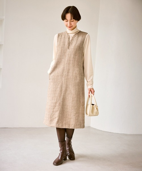 ROPE' PICNIC(ロペピクニック)の「キーネックツイードジャンパースカート ワンピース/着丈が選べる(ジャンパースカート・レディース・ベージュ系その他/ブラック・M/TM)」の16枚目の写真