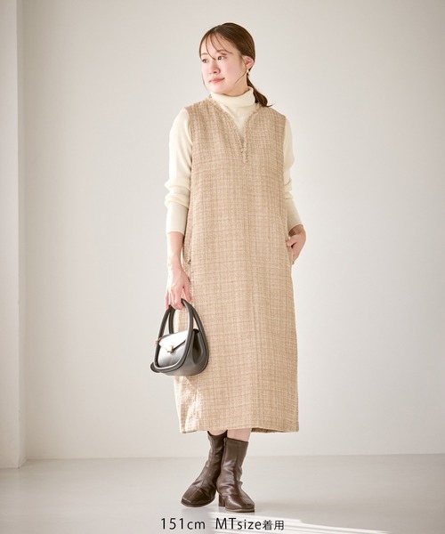 45R ウール 混 チェック ツイード ジャンパー スカート ワンピース セール】キーネックツイードジャンパースカート ワンピース/着丈が