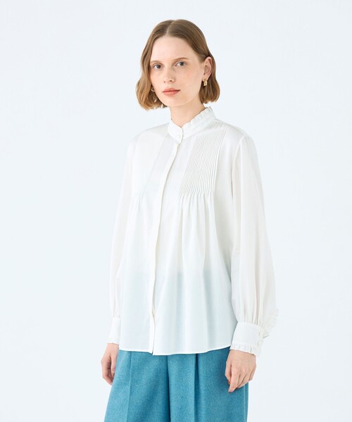 コットンシルクサテン ピンタックフリルブラウス（シャツ/ブラウス