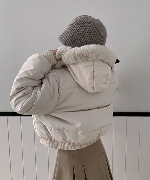 セール】【裏起毛】ファー付 ショート丈フェイクダウンジャケット