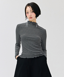 レディースストライプタートルネックTシャツ-ブラック