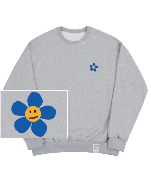 GRAVER（グレーバー）の「[UNISEX]ブルーフラワードットスマイルロゴマンツーマン_グレー（スウェット・レディース・グレー・MEDIUM/LARGE/X-LARGE）」の2枚目の写真
