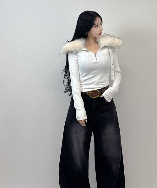 FOLLOWIN(フォロウィン)の「【2WAY取り外し】ファー×ハイネック ストラップトップス(Tシャツ/カットソー・レディース・グレー/ホワイト/ブラック・FREE)」の7枚目の写真
