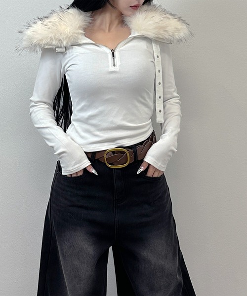 FOLLOWIN(フォロウィン)の「【2WAY取り外し】ファー×ハイネック ストラップトップス(Tシャツ/カットソー・レディース・グレー/ホワイト/ブラック・FREE)」の5枚目の写真