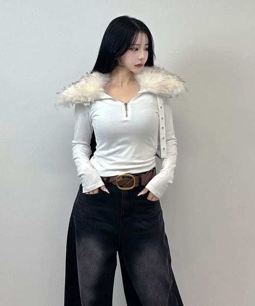 FOLLOWIN(フォロウィン)の「【2WAY取り外し】ファー×ハイネック ストラップトップス(Tシャツ/カットソー・レディース・グレー/ホワイト/ブラック・FREE)」の6枚目の写真
