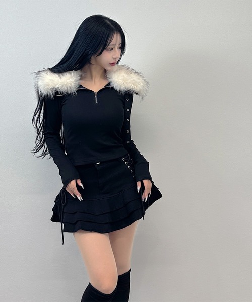 FOLLOWIN(フォロウィン)の「【2WAY取り外し】ファー×ハイネック ストラップトップス(Tシャツ/カットソー・レディース・グレー/ホワイト/ブラック・FREE)」の14枚目の写真