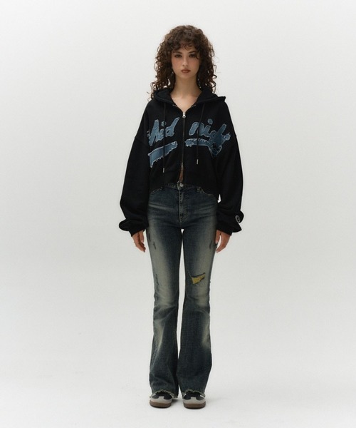 Midnight Move（ミッドナイトムーブ）の「Midnight Move／ダメージフードZIP（ウラケ）（パーカー・レディース・ブラック/オフホワイト・SMALL）」の3枚目の写真