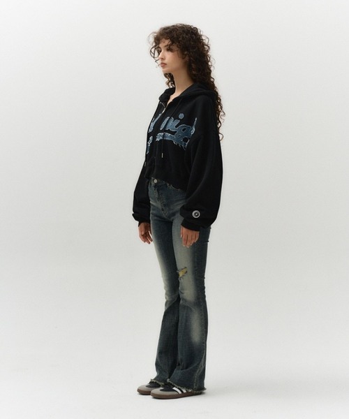 Midnight Move（ミッドナイトムーブ）の「Midnight Move／ダメージフードZIP（ウラケ）（パーカー・レディース・ブラック/オフホワイト・SMALL）」の4枚目の写真
