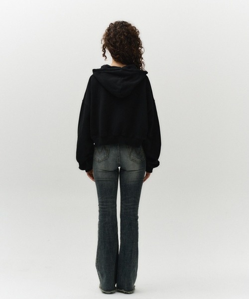 Midnight Move（ミッドナイトムーブ）の「Midnight Move／ダメージフードZIP（ウラケ）（パーカー・レディース・ブラック/オフホワイト・SMALL）」の5枚目の写真