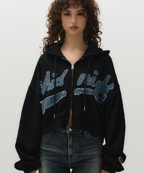 Midnight Move（ミッドナイトムーブ）の「Midnight Move／ダメージフードZIP（ウラケ）（パーカー・レディース・ブラック/オフホワイト・SMALL）」の7枚目の写真