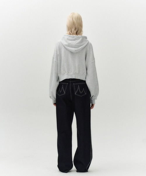 Midnight Move（ミッドナイトムーブ）の「Midnight Move／ダメージフードZIP（ウラケ）（パーカー・レディース・ブラック/オフホワイト・SMALL）」の10枚目の写真