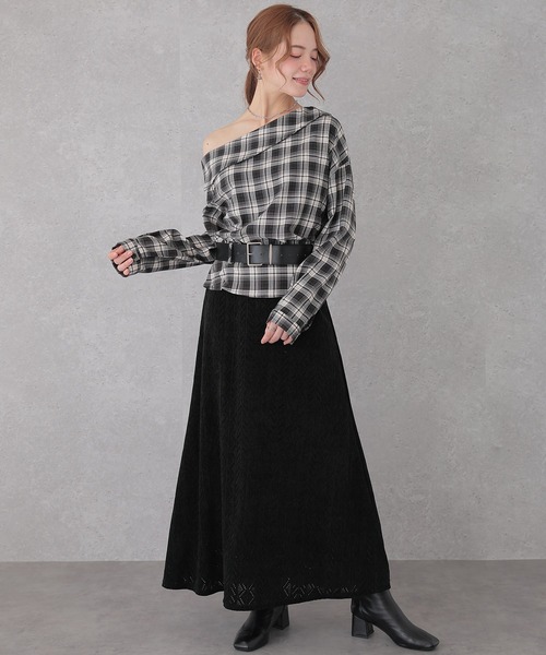Lace Ladies(レースレディース)の「チェック柄 アシンメトリー オフショル 長袖 プルオーバー(シャツ/ブラウス・レディース・ベージュ/ブラウン/ブラック・FREE)」の7枚目の写真