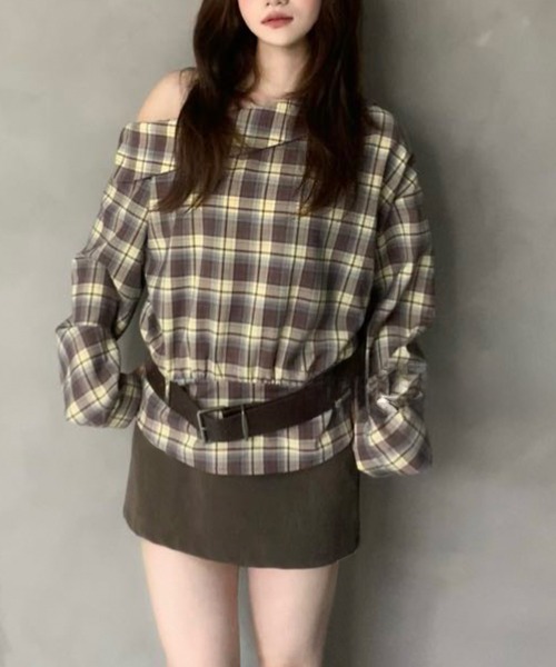 Lace Ladies(レースレディース)の「チェック柄 アシンメトリー オフショル 長袖 プルオーバー(シャツ/ブラウス・レディース・ベージュ/ブラウン/ブラック・FREE)」の22枚目の写真
